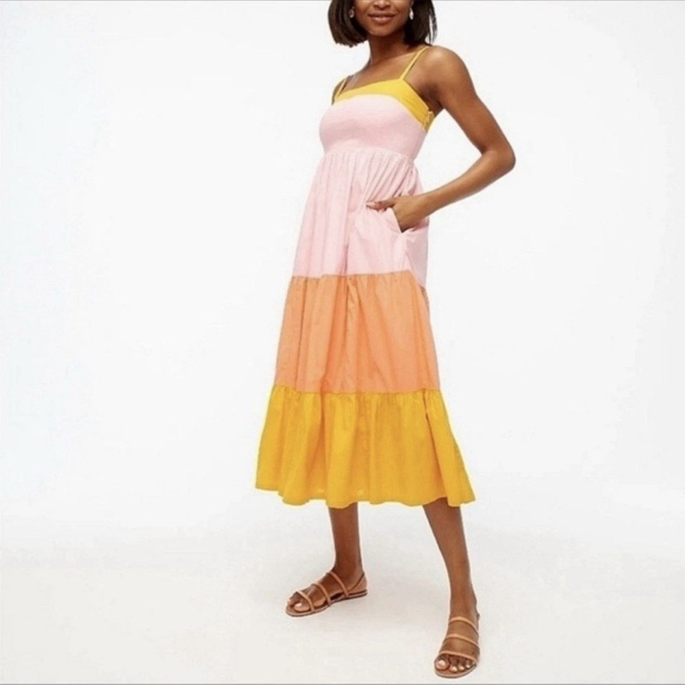 J.Crew Factory Square-Neck Tiered Colorblock Dress Sunset Pink Orange Yellow 10